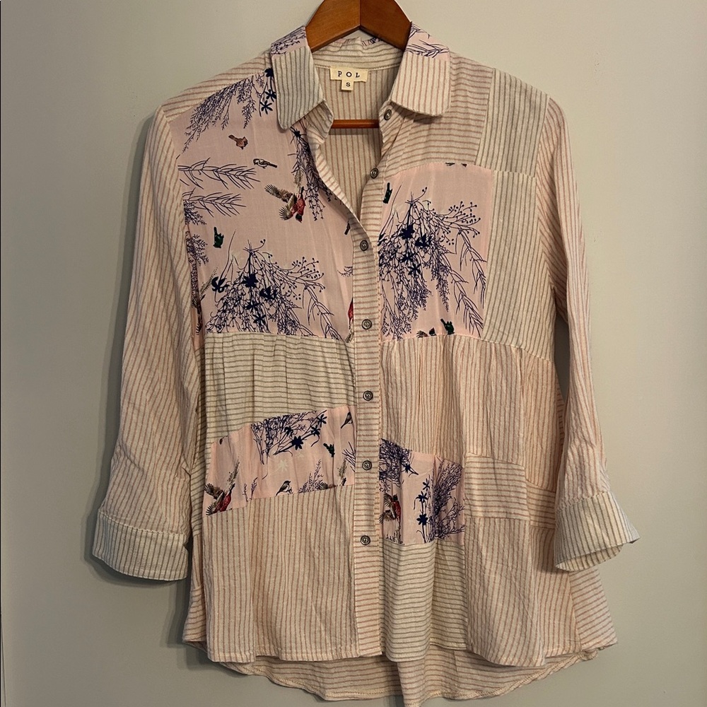 POL Blush Patchwork Floral & Stripe Button-Down Shirt